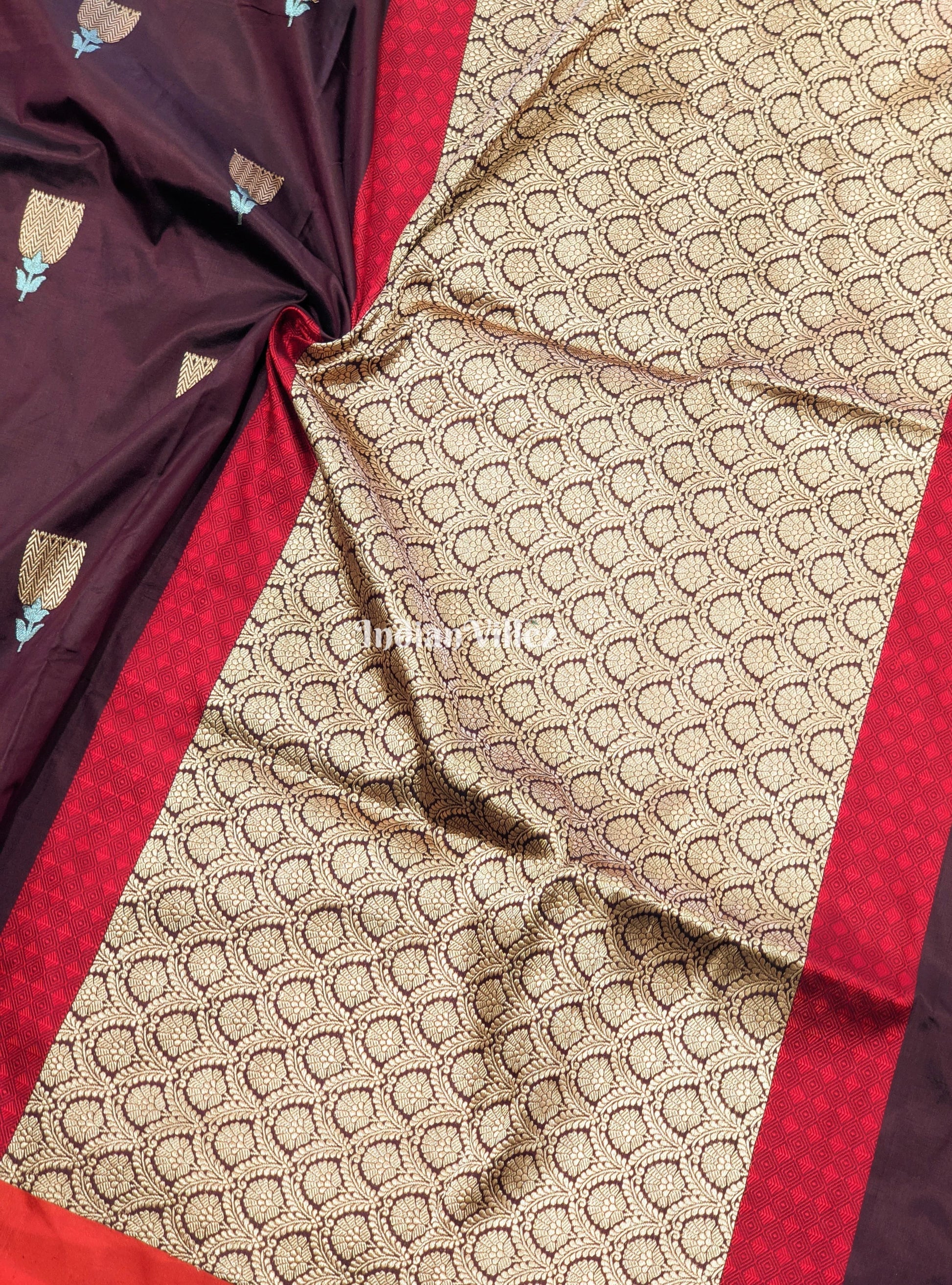 Coffee & Red Banarasi Katan Silk Saree