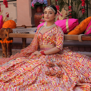 Creamy Crimson Blaze Printed Satin Lehenga Set