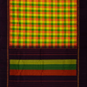Green & Orange Handloom Kanchipuram Silk Saree With Checks