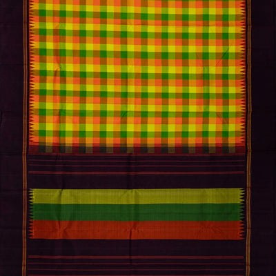Green & Orange Handloom Kanchipuram Silk Saree With Checks