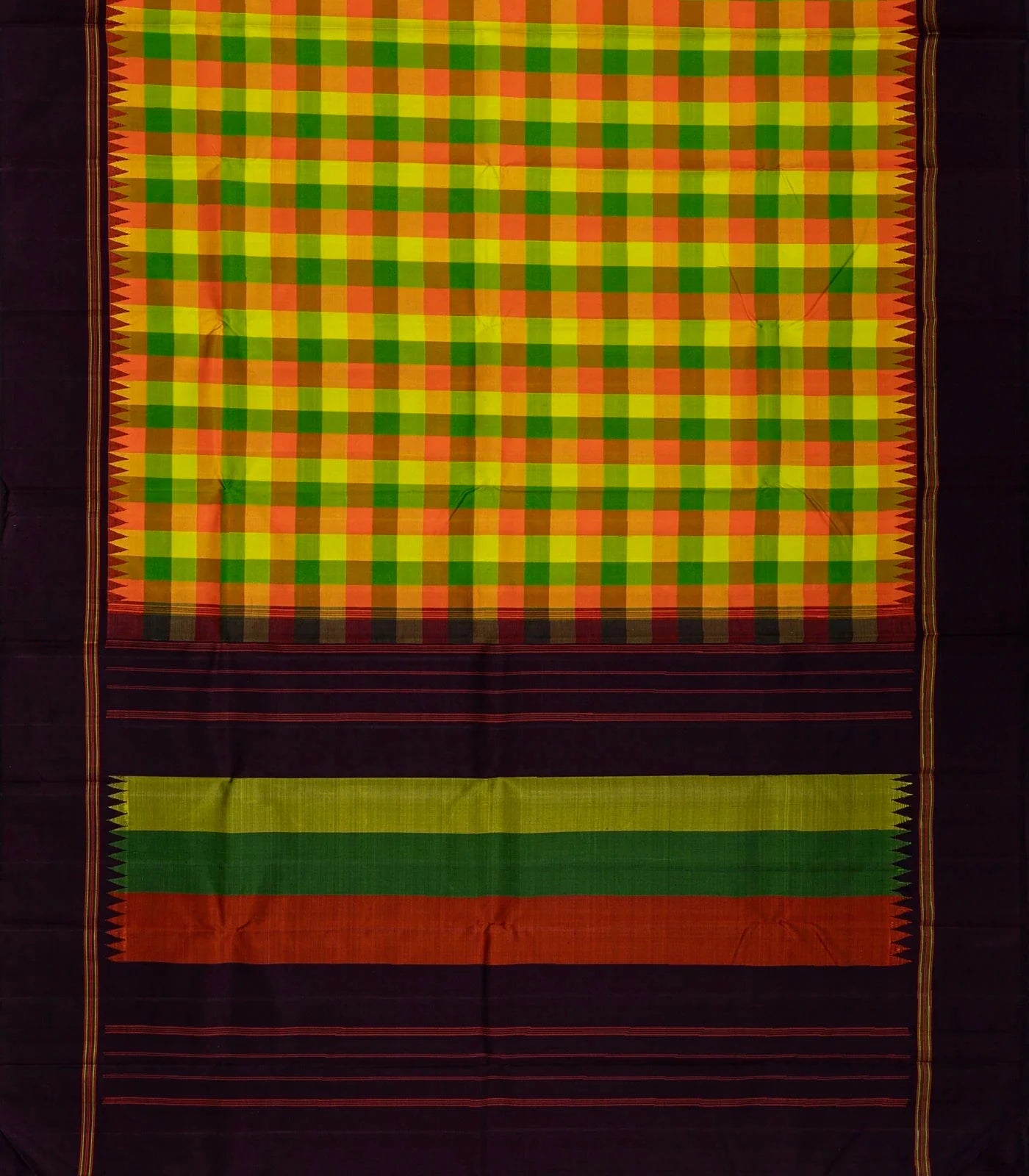 Green & Orange Handloom Kanchipuram Silk Saree With Checks