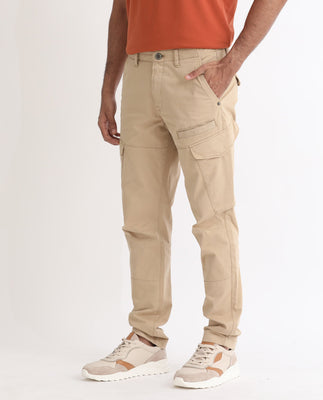 Rare Rabbit Men's Cidar Beige Mid-Rise Regular Fit Cargo Style Stretch Trouser