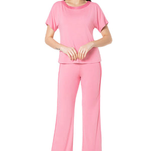 Satin Edge Half Sleeve Round Neck Sleep Top - Cashmere Rose