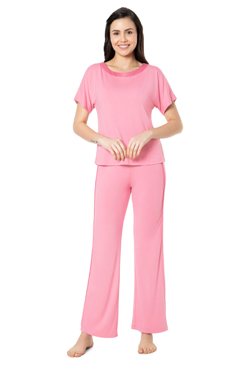 Satin Edge Half Sleeve Round Neck Sleep Top - Cashmere Rose