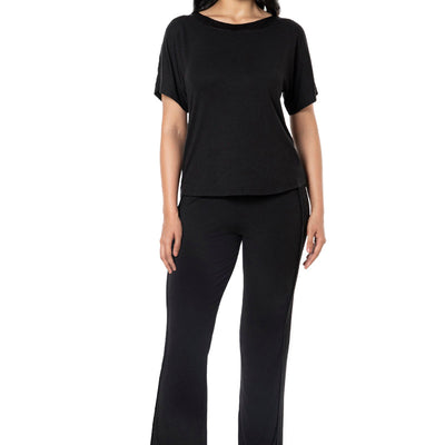 Satin Edge Half Sleeve Round Neck Sleep Top - Black