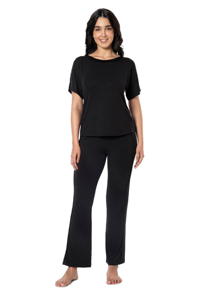 Satin Edge Half Sleeve Round Neck Sleep Top - Black