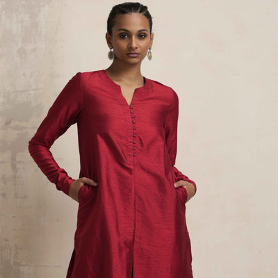 trueBrowns Red Silk Kurta Co-ord Set