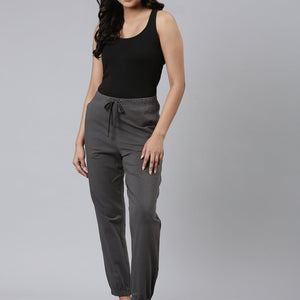 Women Solid Silver Grey Mid Rise Cotton Casual Joggers
