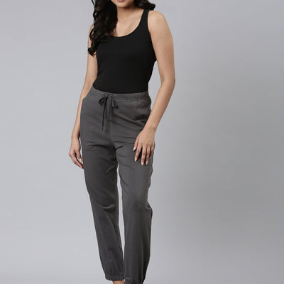 Women Solid Silver Grey Mid Rise Cotton Casual Joggers