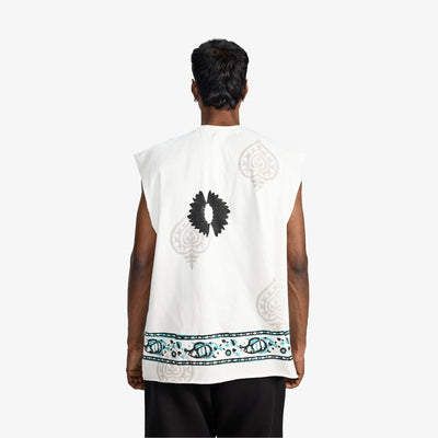 F A R A K | SLEEVELESS BLOCK-PRINTED T-SHIRT { WHITE