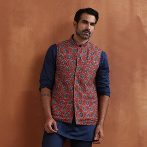 trueBrowns Men's Rust Printed Reversible Nehru Jacket