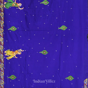 Green with Krishna Radha Theme Hand-Painted Pattachitra Saree