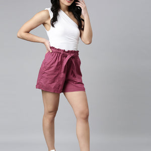 Women Solid Plum High Rise Linen Shorts