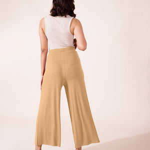 Women Solid Wheat Viscose Mid Rise Knit Palazzos