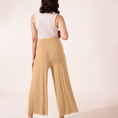 Women Solid Wheat Viscose Mid Rise Knit Palazzos