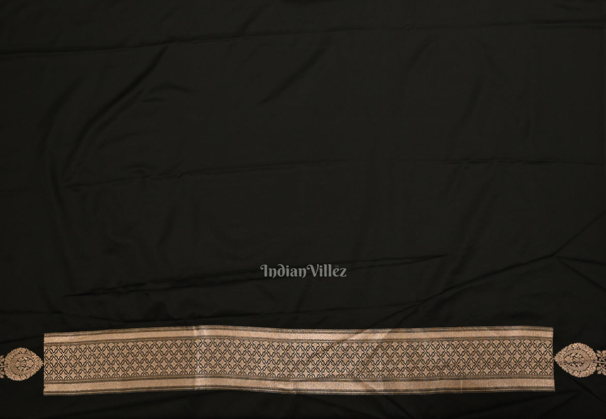Black Floral Motif Mashru Satin Silk Banarasi Saree