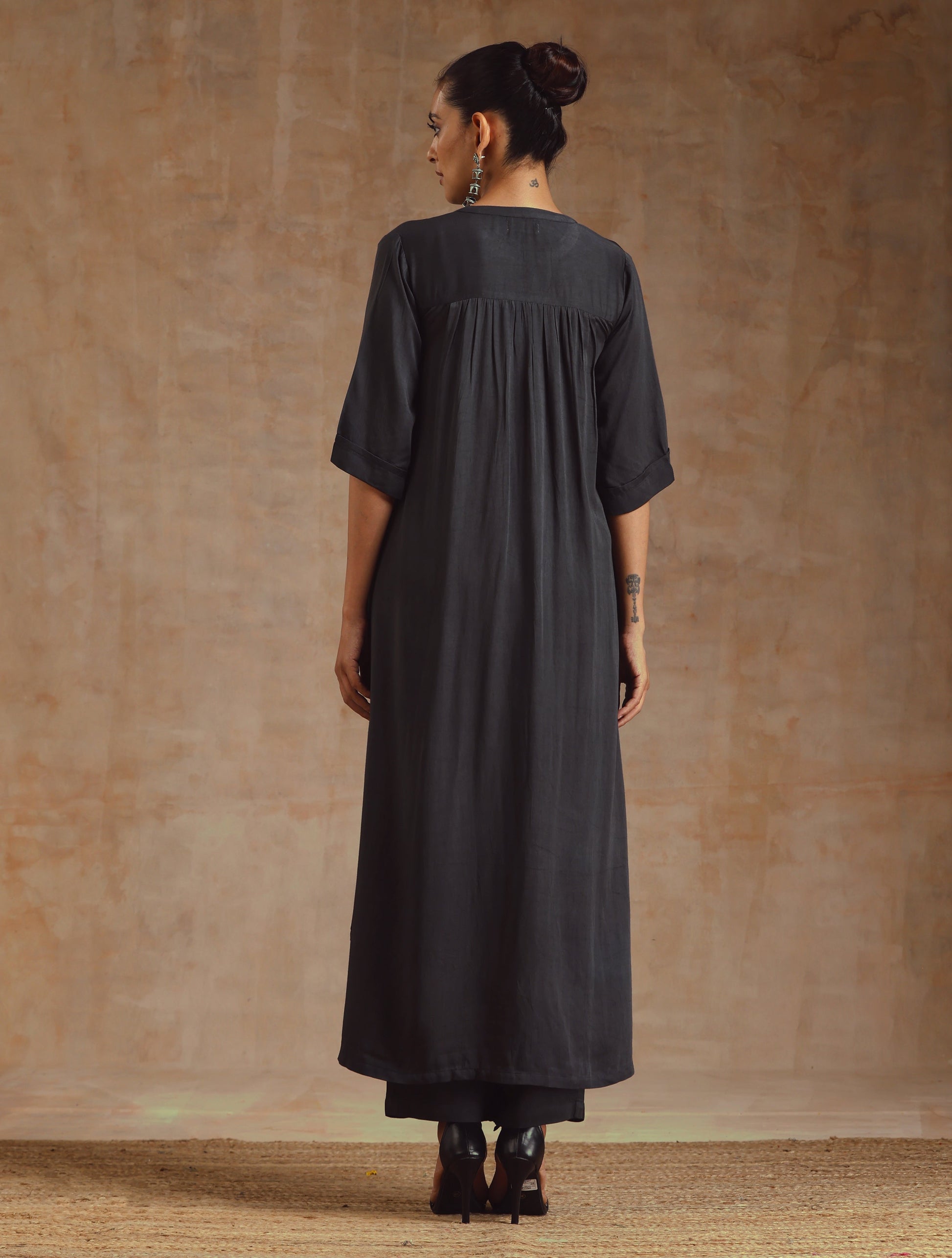 Grey Modal Satin High-Low Relax Kurta Set | Relove