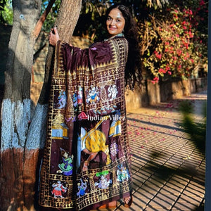 Arjuna Bows to Navagunjara Pure Hand-Painted Pattachitra Saree