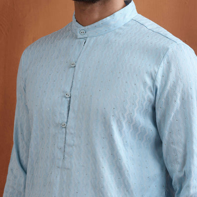 trueBrowns Men's Blue Sequin Chanderi Kurta