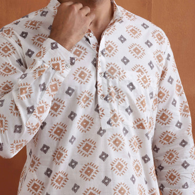 trueBrowns Men's Ivory Printed Short Kurta