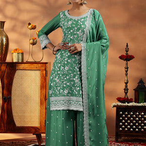 Green Embroidered Silk Blend Straight Suit With Dupatta