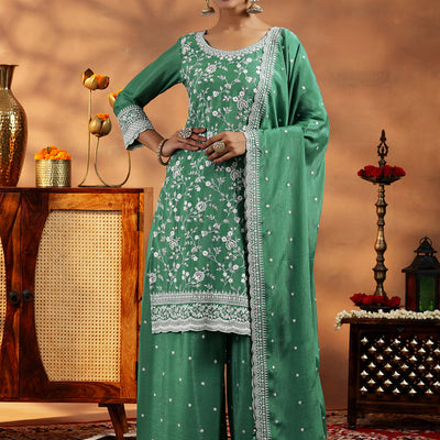 Green Embroidered Silk Blend Straight Suit With Dupatta