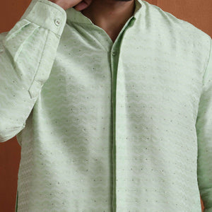 trueBrowns Men's Green Sequin Chanderi Kurta