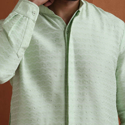 trueBrowns Men's Green Sequin Chanderi Kurta