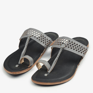 Black & Grey Handstitched Leather Kolhapuri Men Slipper