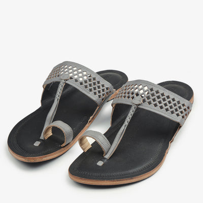 Black & Grey Handstitched Leather Kolhapuri Men Slipper