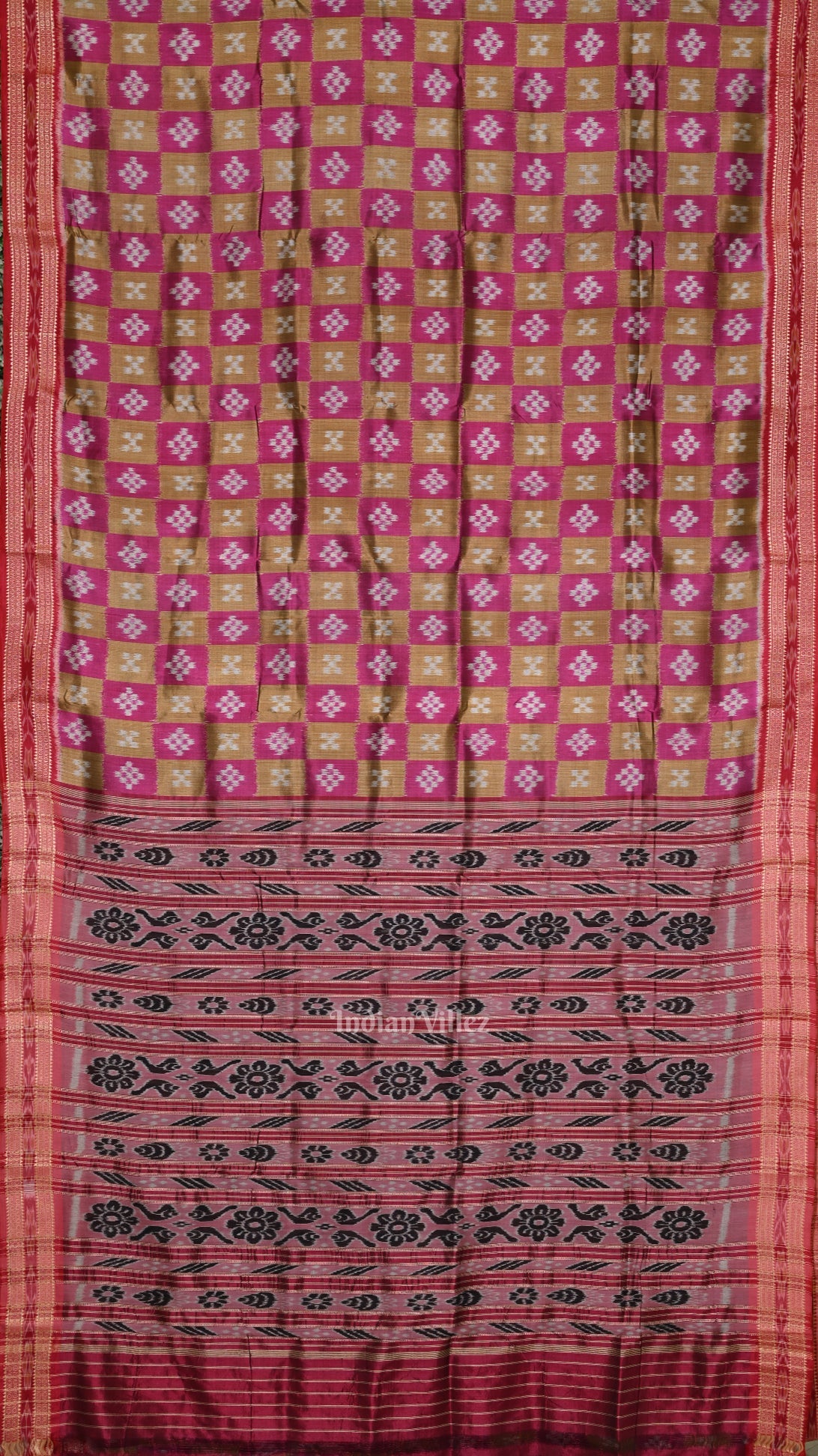 Pink Olive Green Pasapali Patli Odisha Ikat Khandua Silk Saree