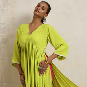 trueBrowns Lime Crinkle Anarkali Flared Kurta Set