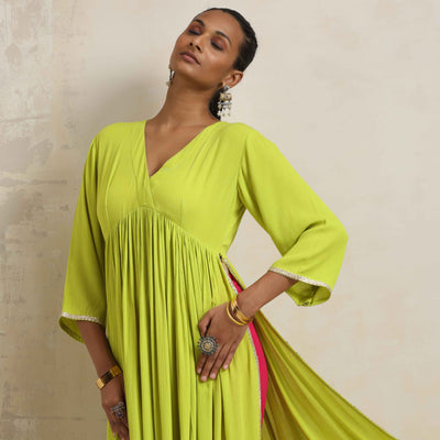 trueBrowns Lime Crinkle Anarkali Flared Kurta Set