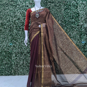 Maroon Stripped Pure Silk Cotton Maheshwari Saree