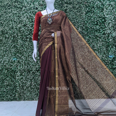 Maroon Stripped Pure Silk Cotton Maheshwari Saree