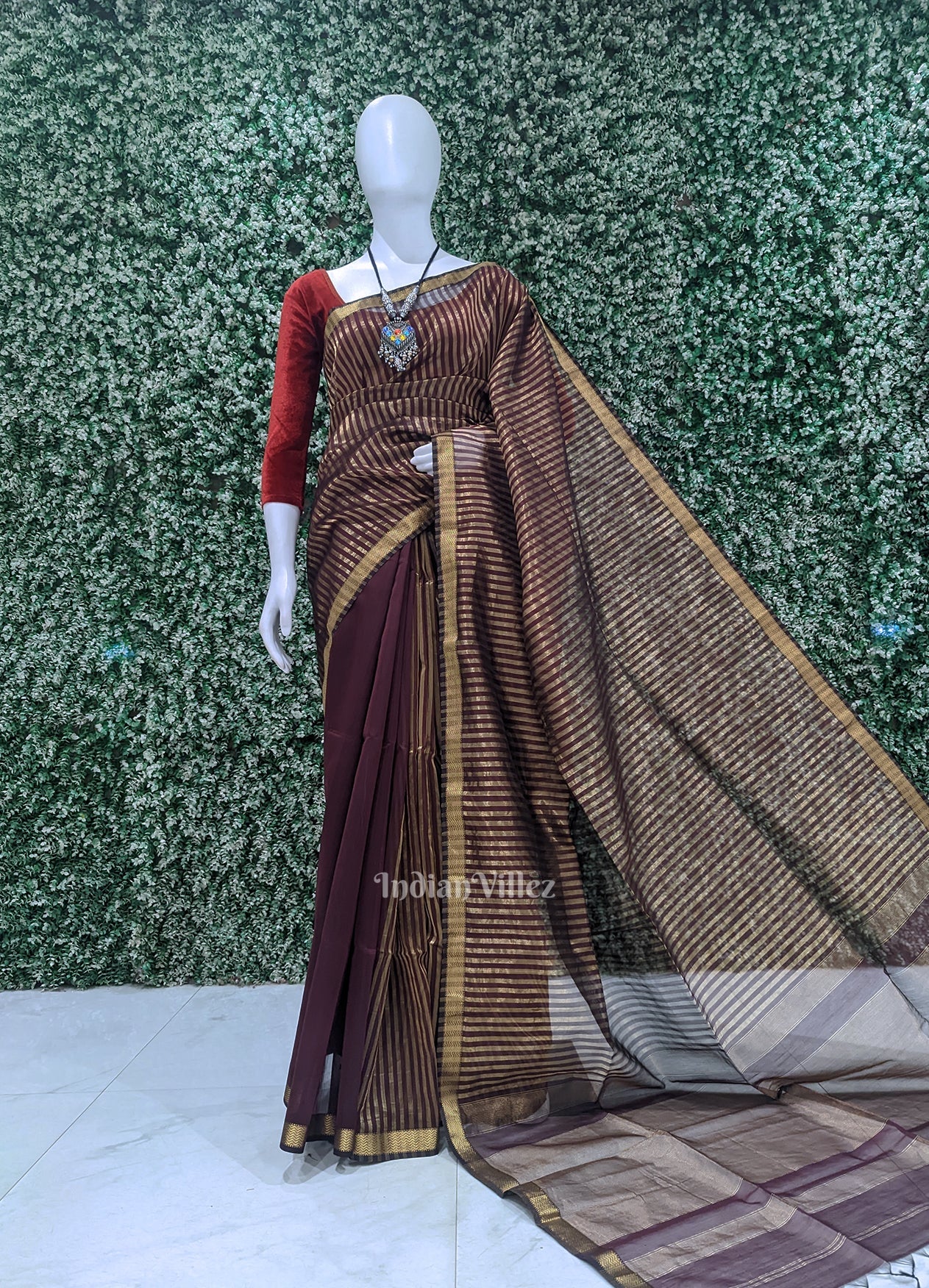Maroon Stripped Pure Silk Cotton Maheshwari Saree