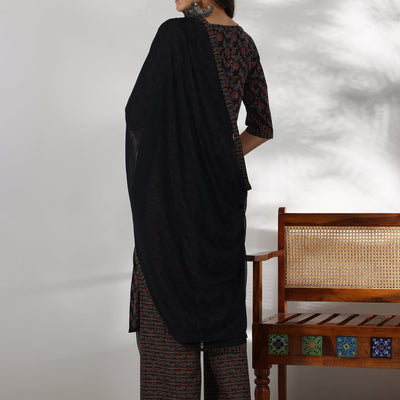 Black Printed Cotton Straight Suit With Dupatta