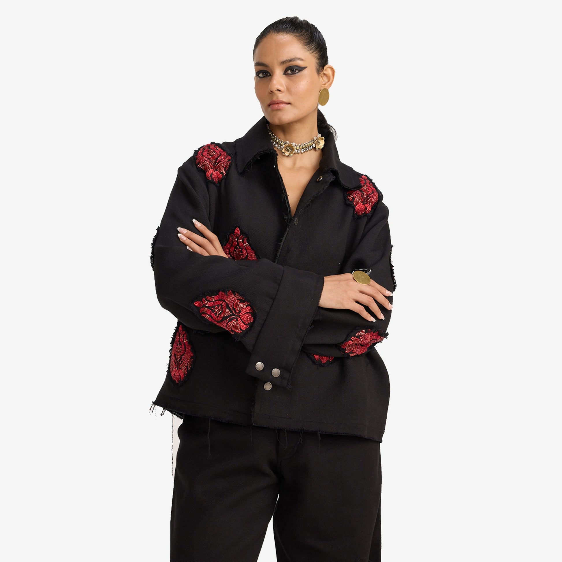 F A R A K | HAND EMBRIODERED JACKET { BLACK/BLACK