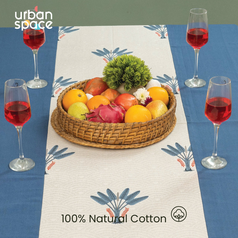 100% Cotton Dining Table Cover, Table Cloth with Panelled design - Palm Lagoon Indigo