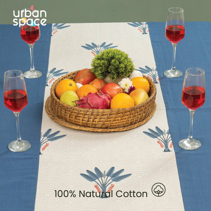 100% Cotton Dining Table Cover, Table Cloth with Panelled design - Palm Lagoon Indigo