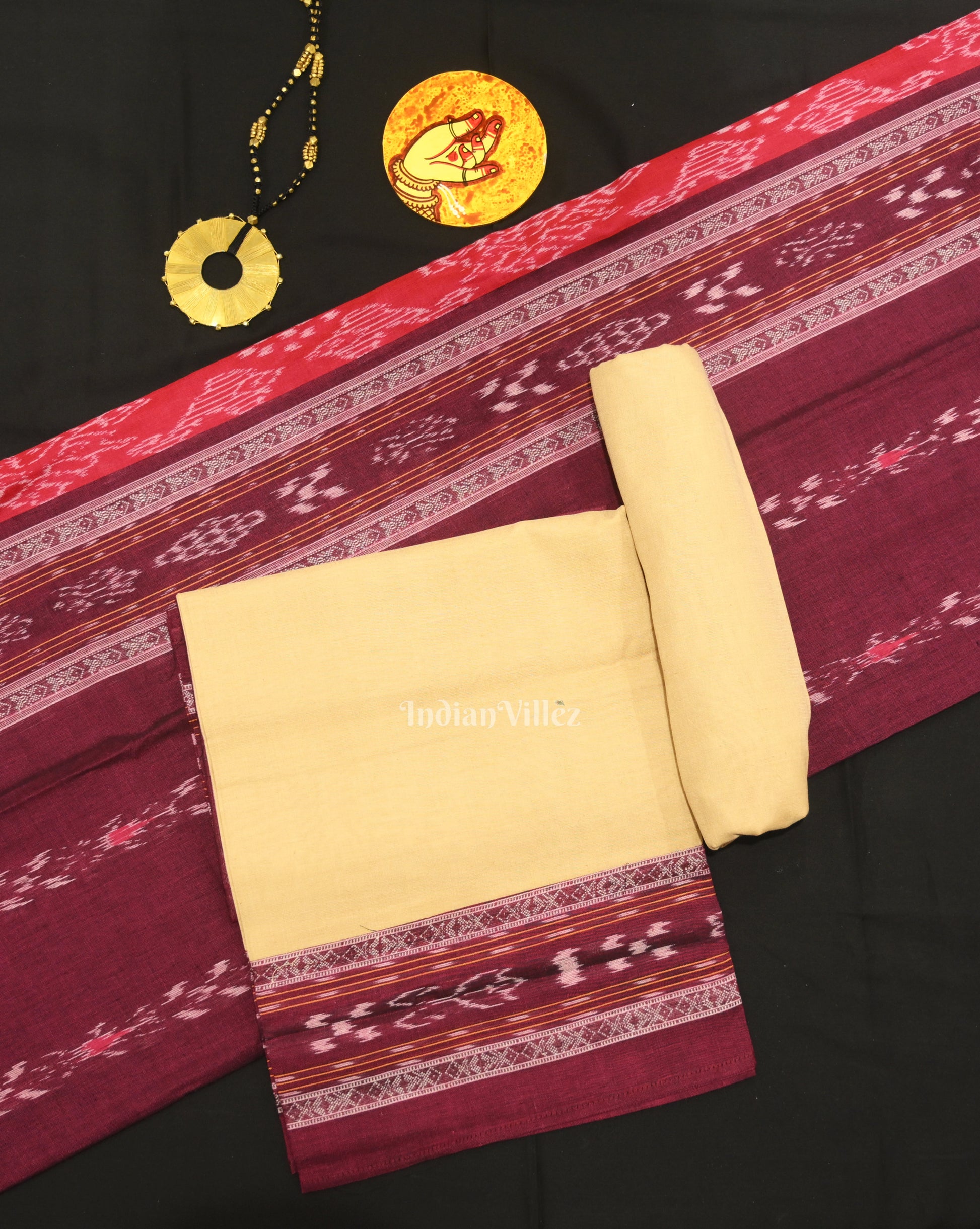 Maroon Cream Pasapali Sambalpuri Cotton Dress set with Dupatta