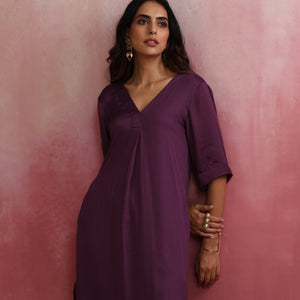 trueBrowns Purple Modal Pleated Kurta Set