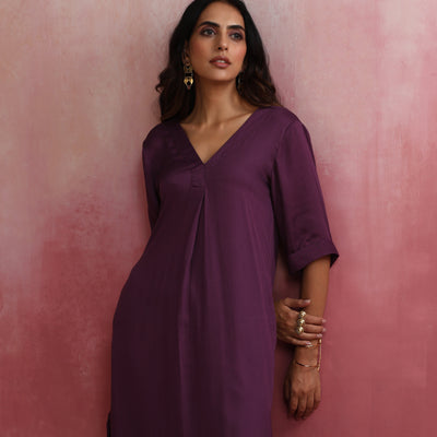 trueBrowns Purple Modal Pleated Kurta Set