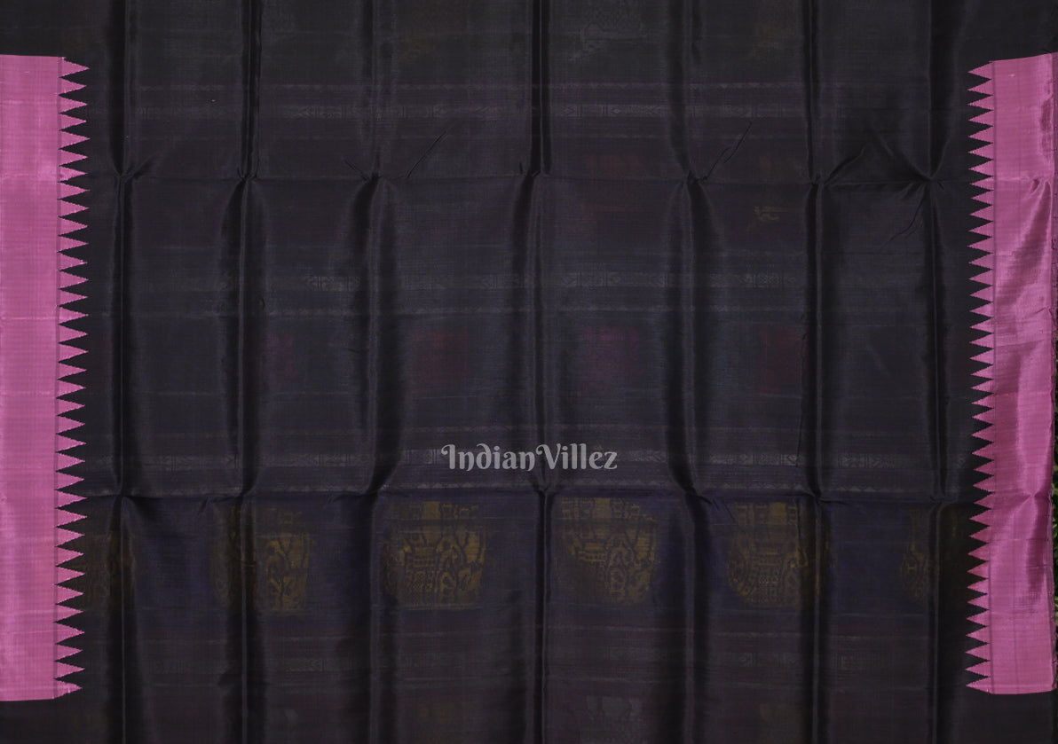 Onion Pink Black with Fish Motif Double Pallu Berhampuri Silk Saree