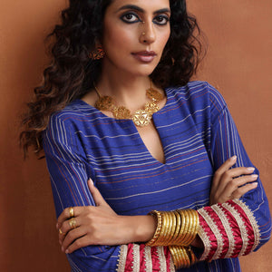 trueBrowns Blue Stripe Flared Anarkali Kurta Set