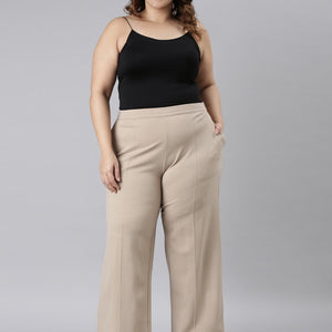 Women Solid Beige Ponte Wide Leg Pants