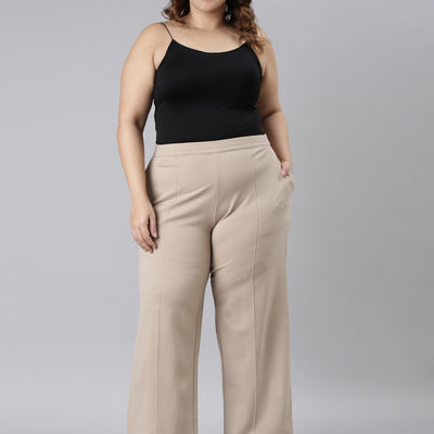Women Solid Beige Ponte Wide Leg Pants