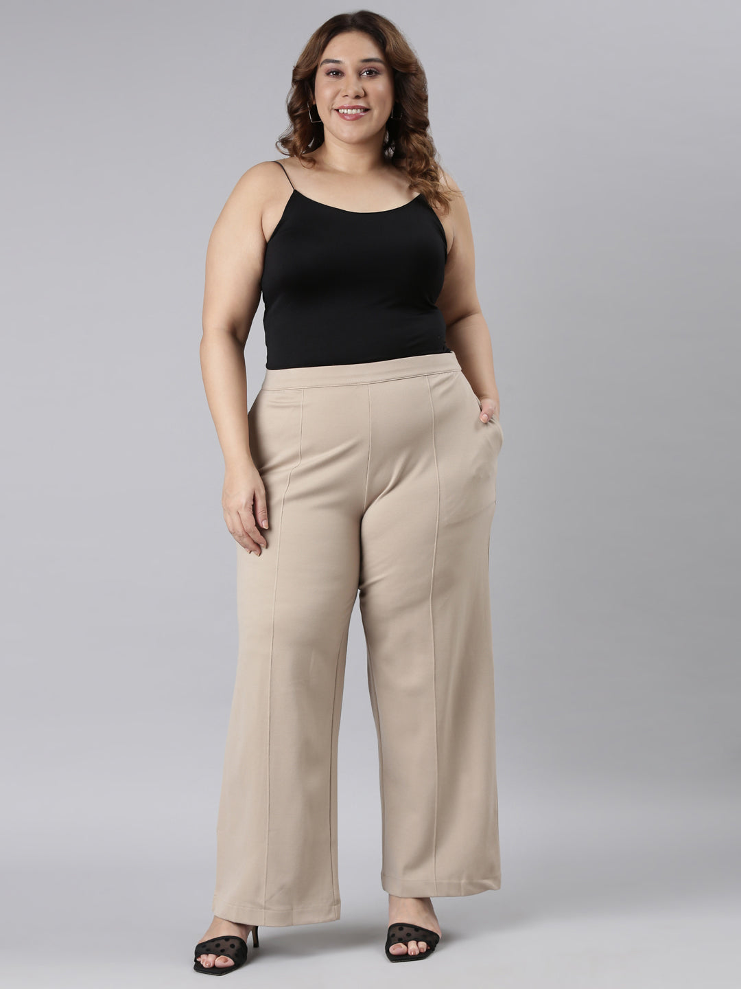 Women Solid Beige Ponte Wide Leg Pants