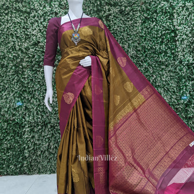 Golden Brown With Maroon Pure Kanjivaram Soft Silk Saree