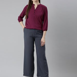 Women Solid Dark Jean Blue High Rise Crepe Wide Pant